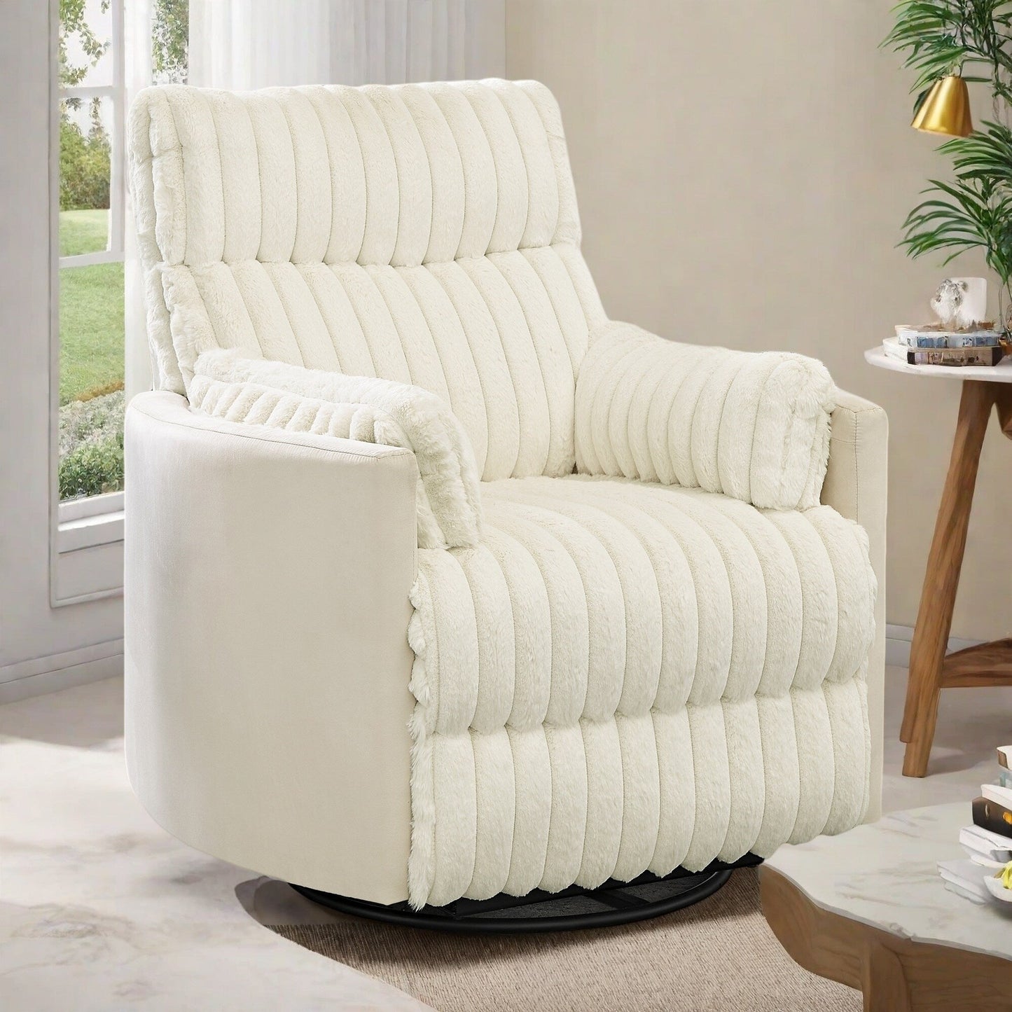 Poltrona reclinabile girevole con rotazione a 360° e reclinazione manuale - Ampia seduta in peluche, braccioli con cuscino, molle insacchettate/sinuose