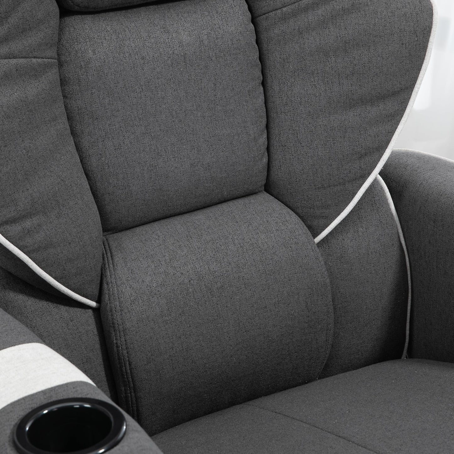 Poltrona reclinabile girevole con rivestimento in lino, poltrona lounge manuale con poggiapiedi e doppio portabicchieri per soggiorno