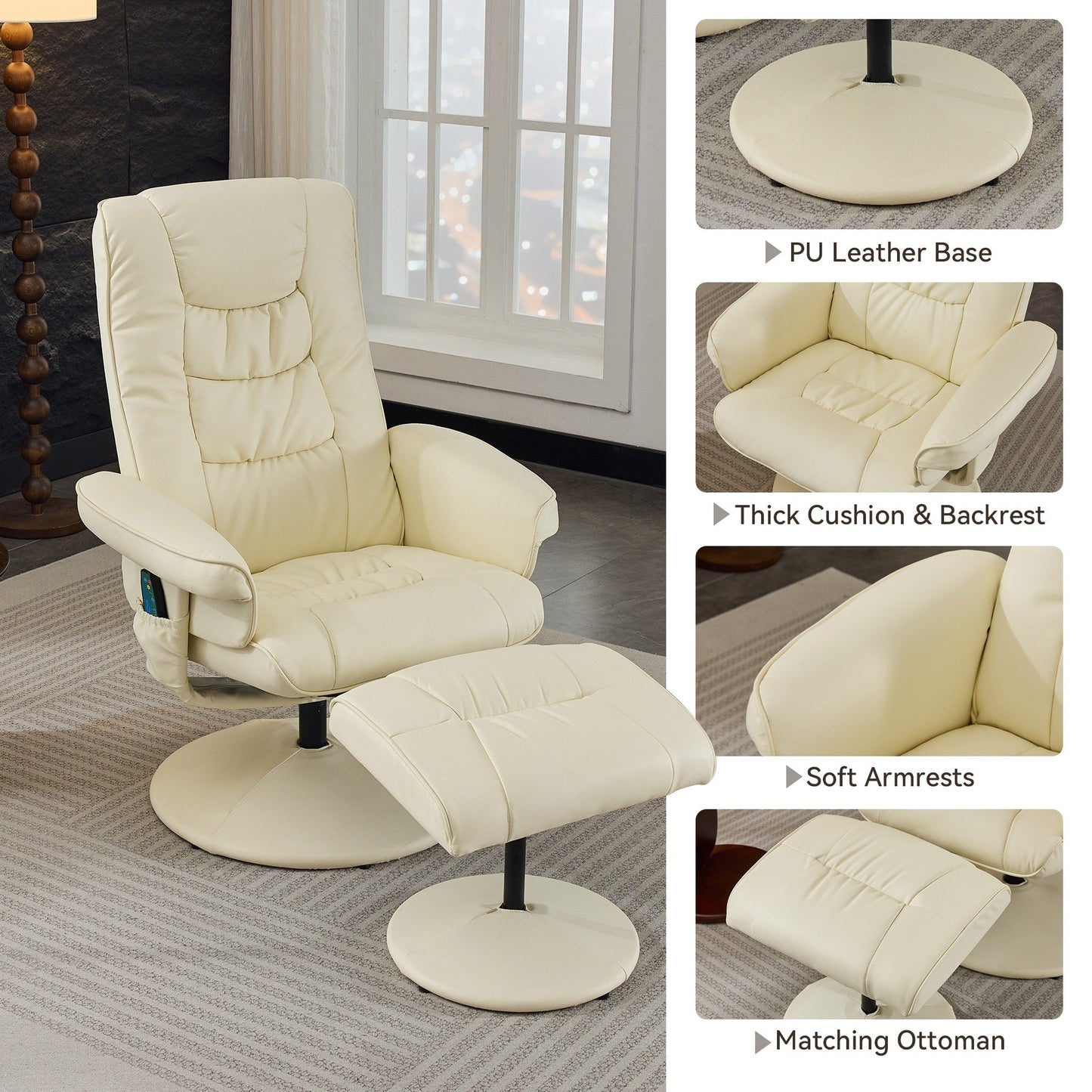 Poltrona reclinabile girevole con poggiapiedi, seduta riscaldata, massaggio vibrante a 5 punti e schienale regolabile a 140°