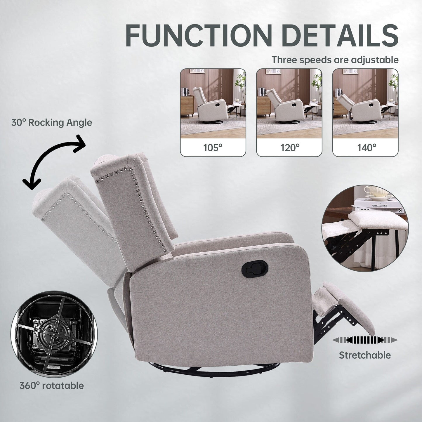 Poltrona reclinabile girevole a dondolo con poggiapiedi, movimento di scorrimento e design ergonomico