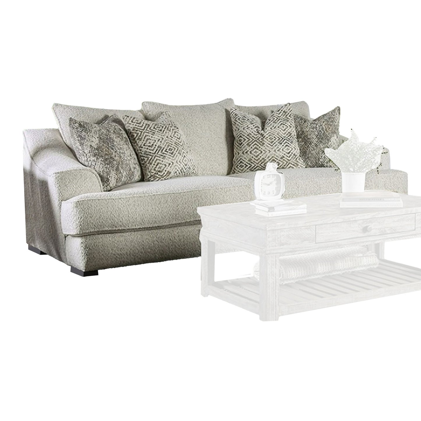 Divano Syma, avorio boucle, 4 cuscini decorativi, braccioli inclinati, 102 pollici