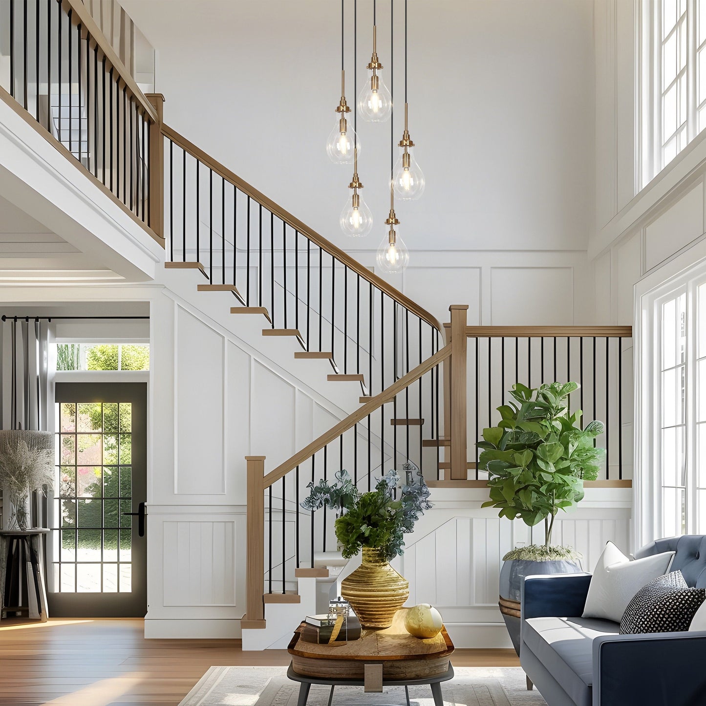 Lampadario moderno a goccia in vetro Synia a 5 luci per ingresso, scale e soffitti alti - D15'' x H18,2-74,2''