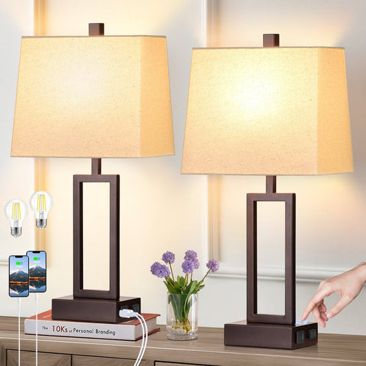 Lampade da tavolo in metallo opaco marrone, paralume beige con porte di ricarica USB di tipo C, presa CA, interruttore dimmer touch a 3 vie (set di 2)