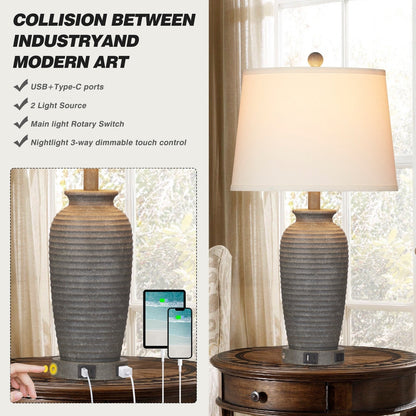 Lampade da tavolo in resina grigia con interruttore touch dimmer a 3 vie, porta di ricarica USB e presa CA (set da 2)