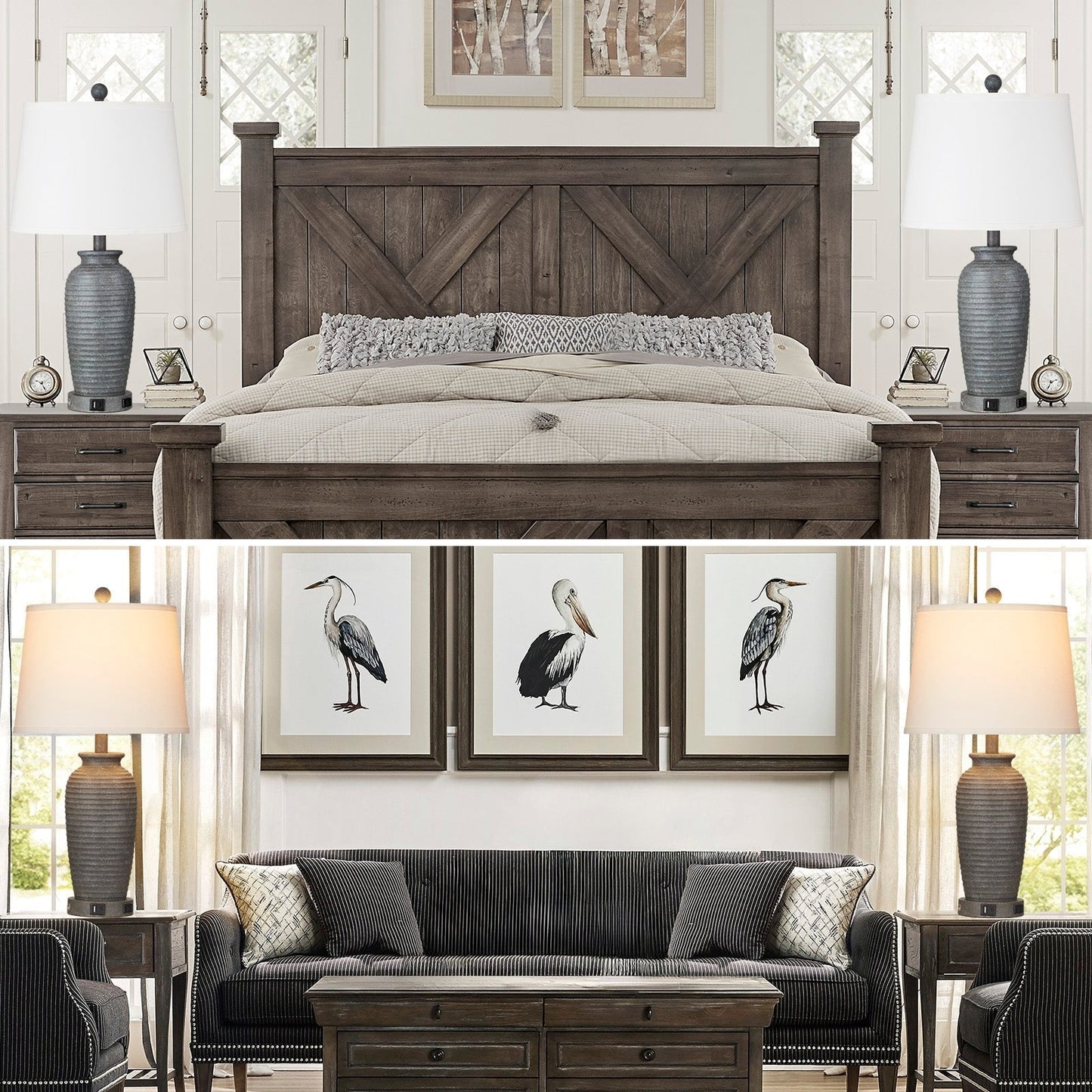 Lampade da tavolo in resina grigia con interruttore touch dimmer a 3 vie, porta di ricarica USB e presa CA (set da 2)