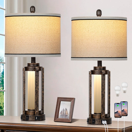 Lampade da tavolo in metallo nero oro vetro opaco cilindro romano luce notturna 2 in 1 (set di 2) - 12'' x 12'' x 25'' (L x P x A)