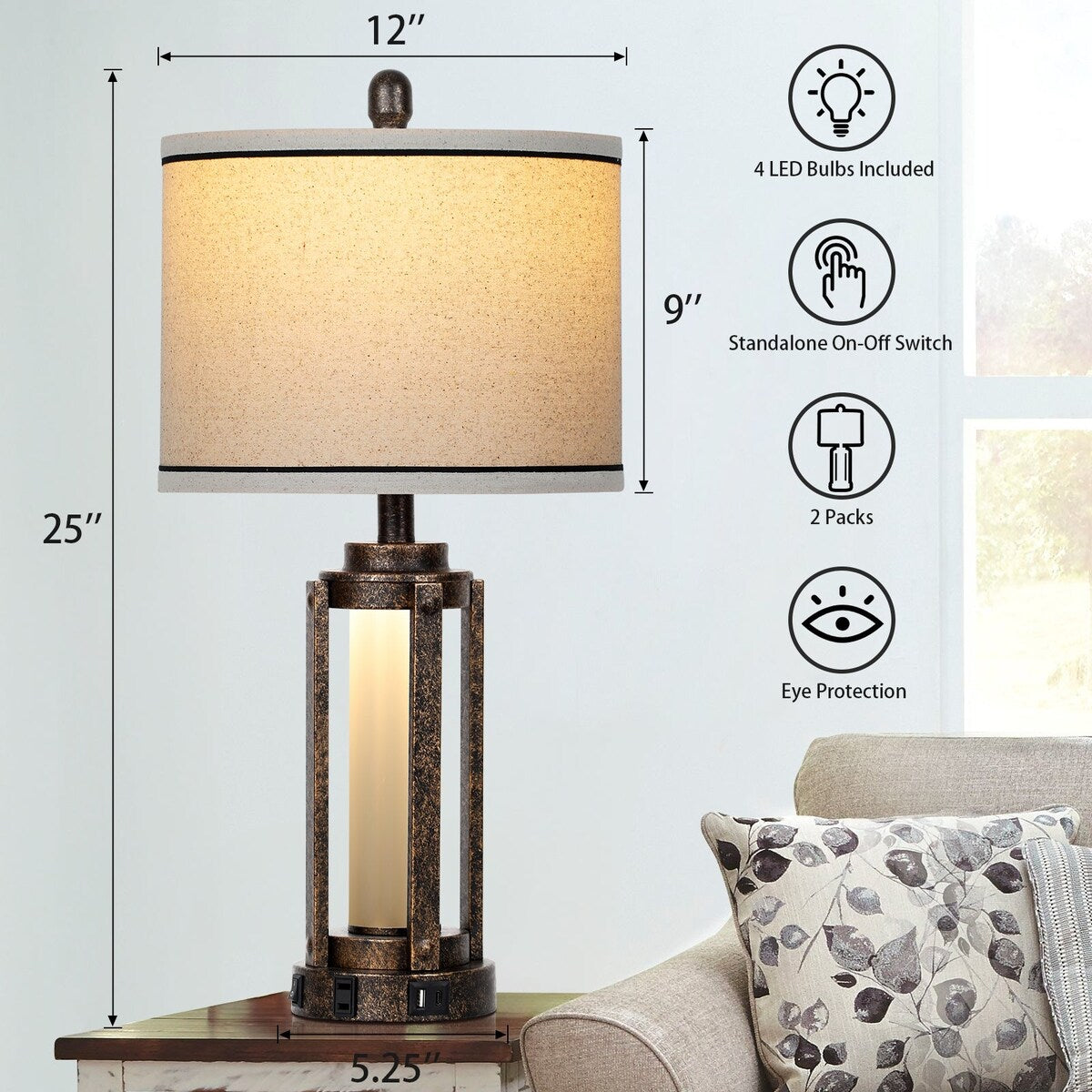 Lampade da tavolo in metallo nero oro vetro opaco cilindro romano luce notturna 2 in 1 (set di 2) - 12'' x 12'' x 25'' (L x P x A)