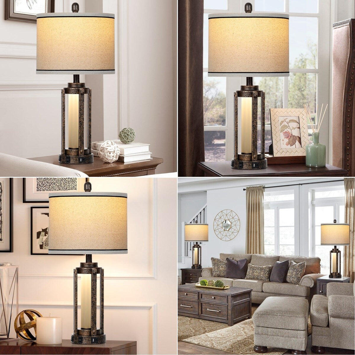 Lampade da tavolo in metallo nero oro vetro opaco cilindro romano luce notturna 2 in 1 (set di 2) - 12'' x 12'' x 25'' (L x P x A)