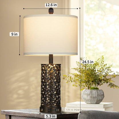 Lampada da tavolo in metallo nero con luce notturna, 2 porte USB in 1, presa CA, interruttore touch (set da 2)