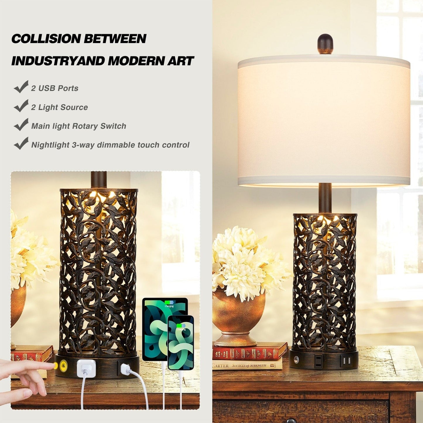 Lampada da tavolo in metallo nero con luce notturna, 2 porte USB in 1, presa CA, interruttore touch (set da 2)