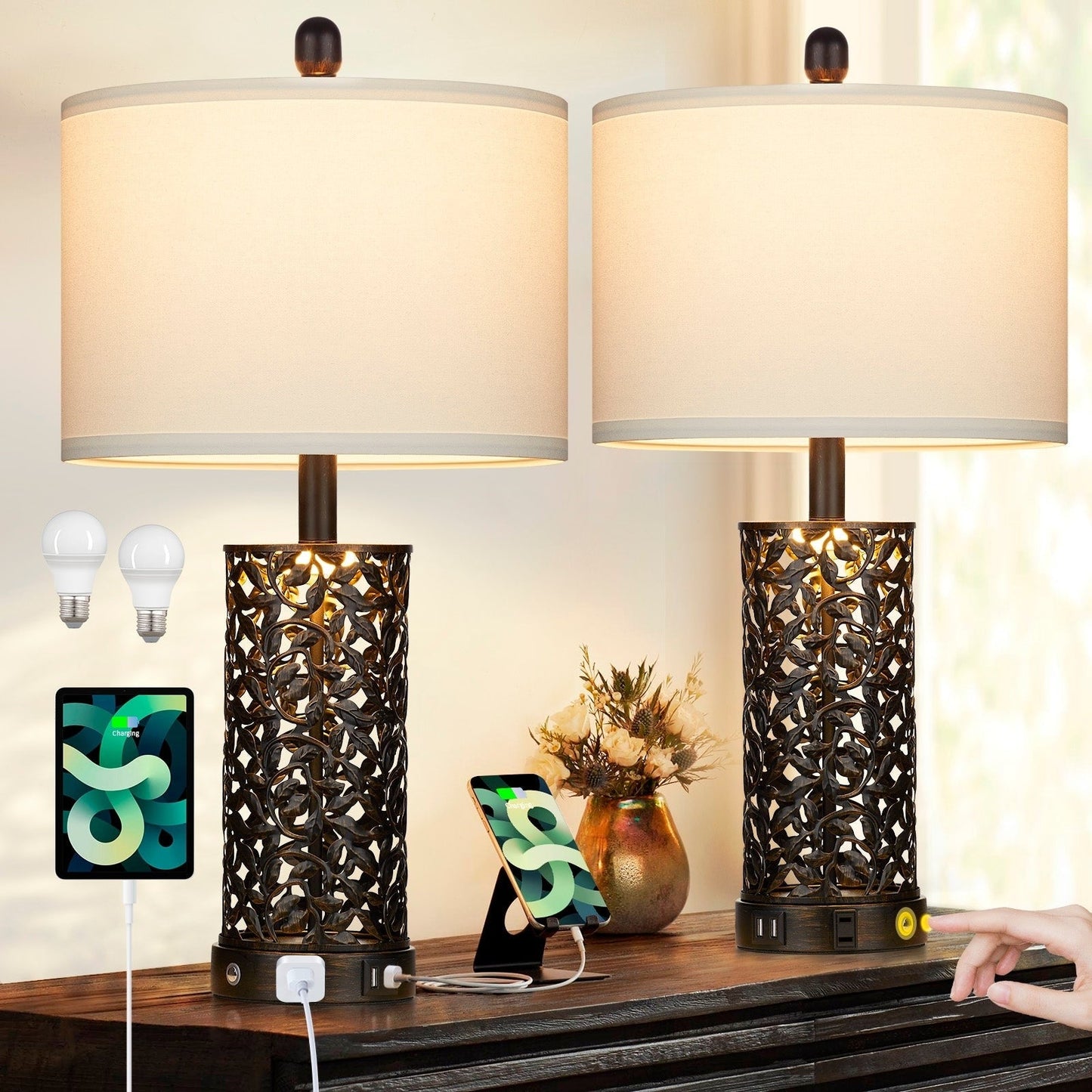 Lampada da tavolo in metallo nero con luce notturna, 2 porte USB in 1, presa CA, interruttore touch (set da 2)