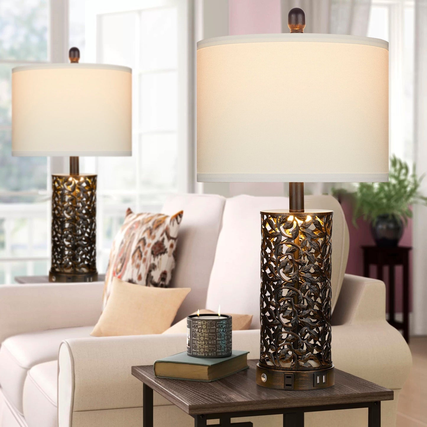 Lampada da tavolo in metallo nero con luce notturna, 2 porte USB in 1, presa CA, interruttore touch (set da 2)