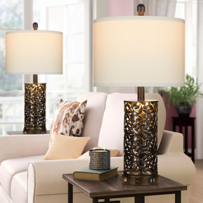 Lampada da tavolo in metallo nero con luce notturna, 2 porte USB in 1, presa CA, interruttore touch (set da 2)