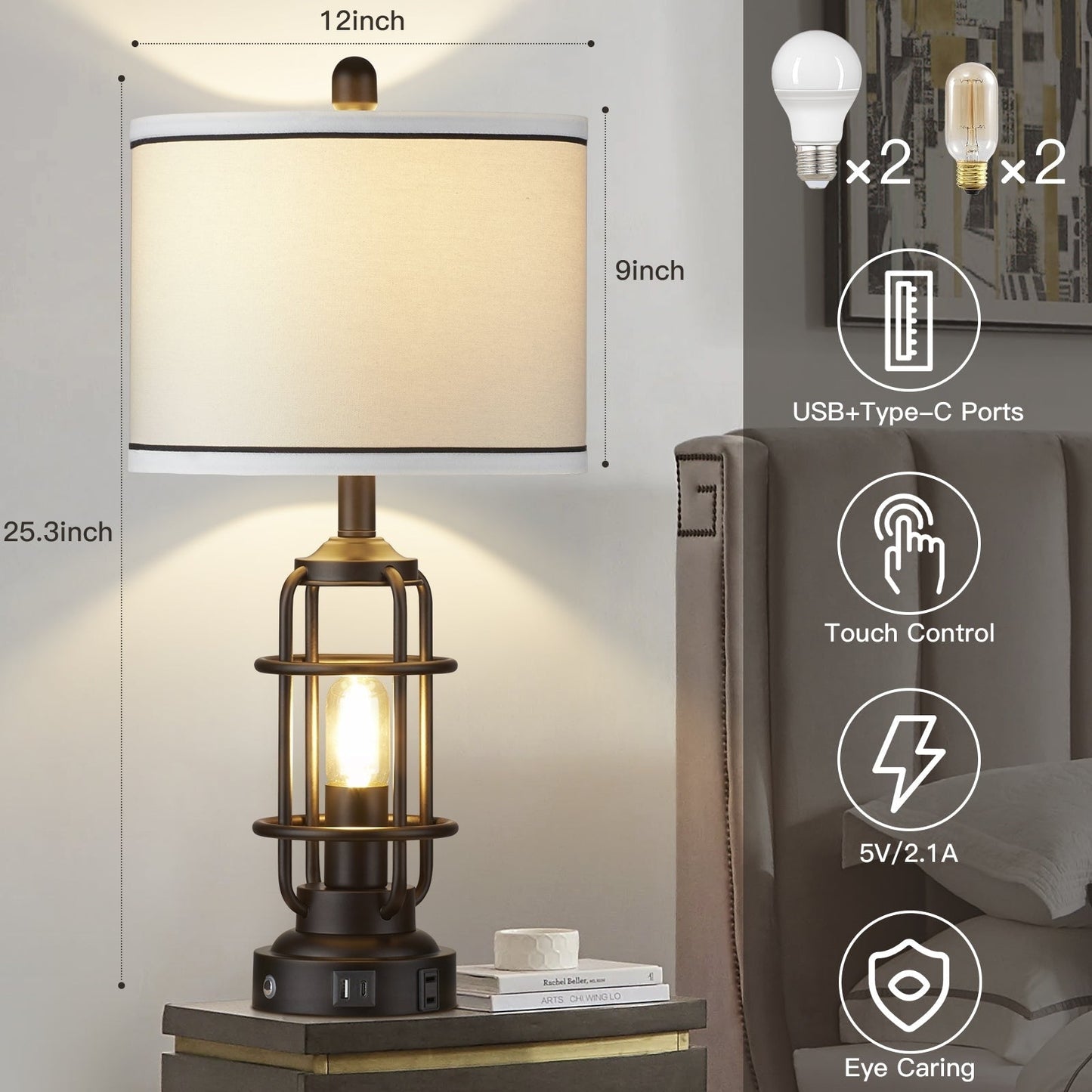 Lampada da tavolo in metallo nero, luce notturna 2 in 1, paralume a tamburo smontabile, interruttore rotante indipendente e interruttore dimmer touch (set di 2)