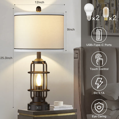 Lampada da tavolo in metallo nero, luce notturna 2 in 1, paralume a tamburo smontabile, interruttore rotante indipendente e interruttore dimmer touch (set di 2)