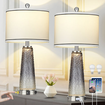 Lampada da tavolo, luce notturna 2 in 1, vetro grigio, porte di ricarica, interruttore touch a 2 vie (set da 2) - 12'' x 12'' x 26'' (L x P x A)