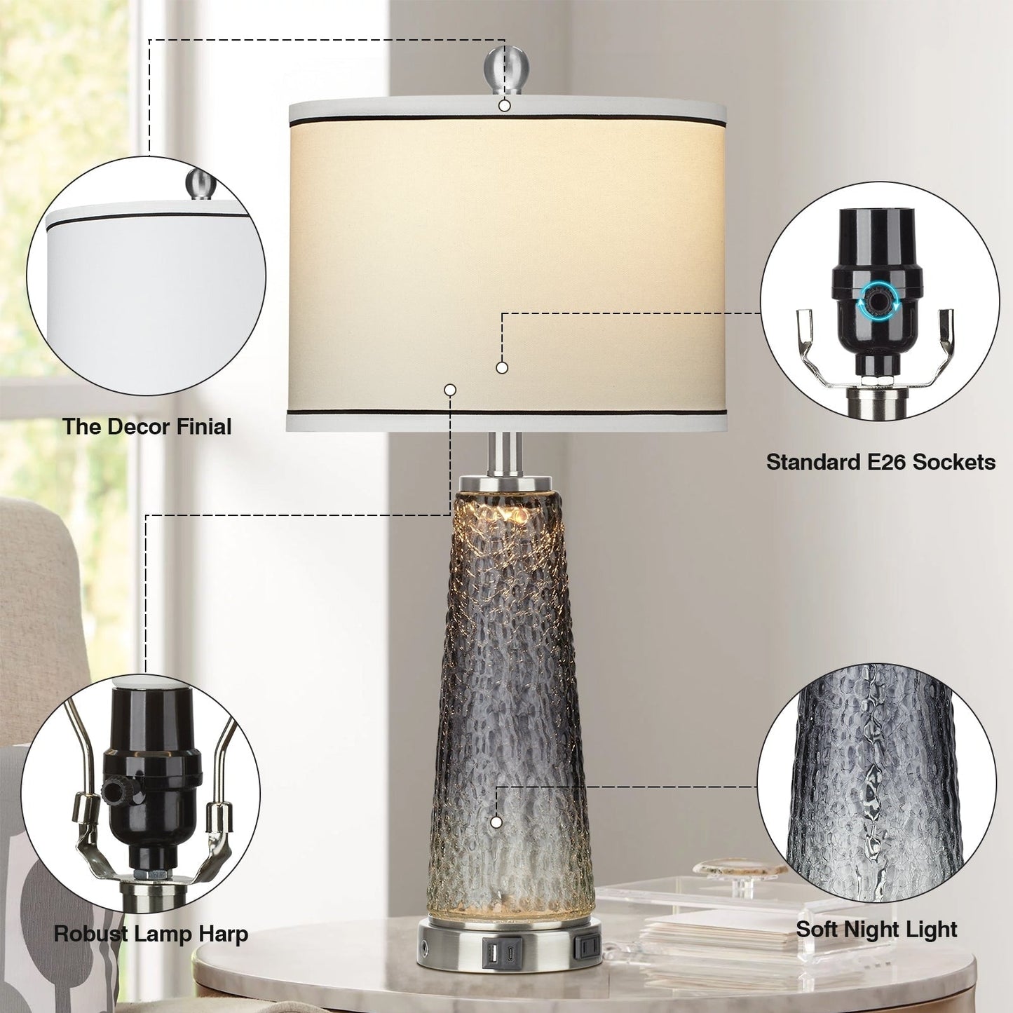 Lampada da tavolo, luce notturna 2 in 1, vetro grigio, porte di ricarica, interruttore touch a 2 vie (set da 2) - 12'' x 12'' x 26'' (L x P x A)