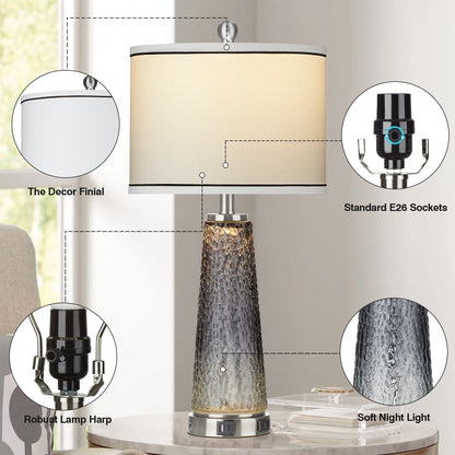 Lampada da tavolo, luce notturna 2 in 1, vetro grigio, porte di ricarica, interruttore touch a 2 vie (set da 2) - 12'' x 12'' x 26'' (L x P x A)