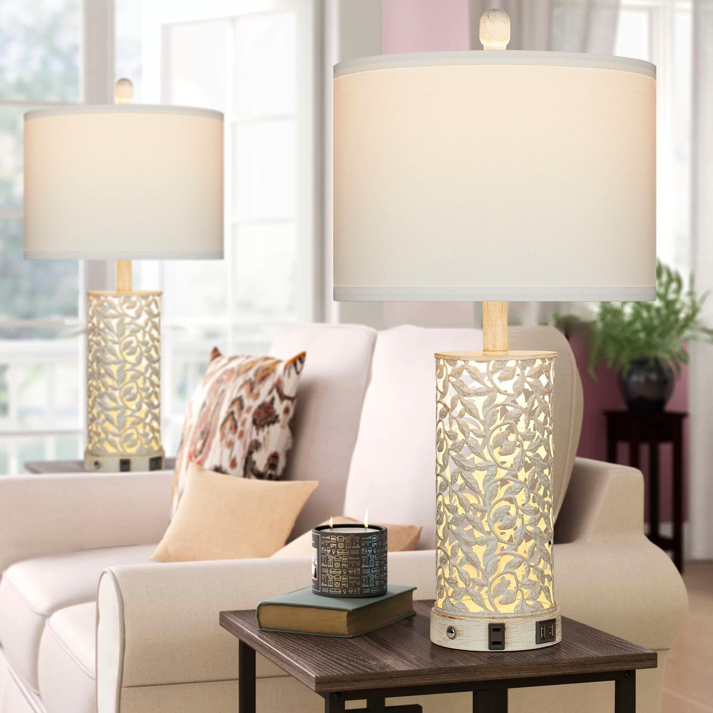 Lampada da tavolo, luce notturna 2 in 1, bianca, con porte USB in metallo dorato, presa CA, interruttore touch (set da 2)