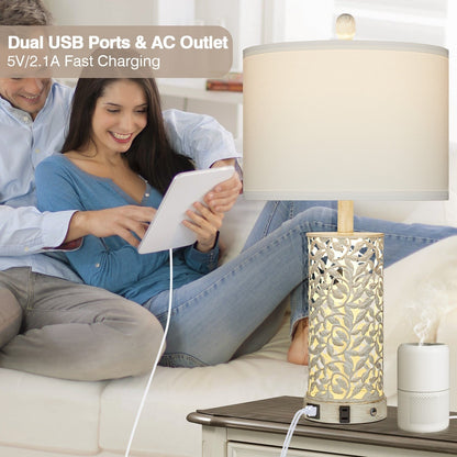 Lampada da tavolo, luce notturna 2 in 1, bianca, con porte USB in metallo dorato, presa CA, interruttore touch (set da 2)