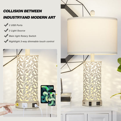 Lampada da tavolo, luce notturna 2 in 1, bianca, con porte USB in metallo dorato, presa CA, interruttore touch (set da 2)