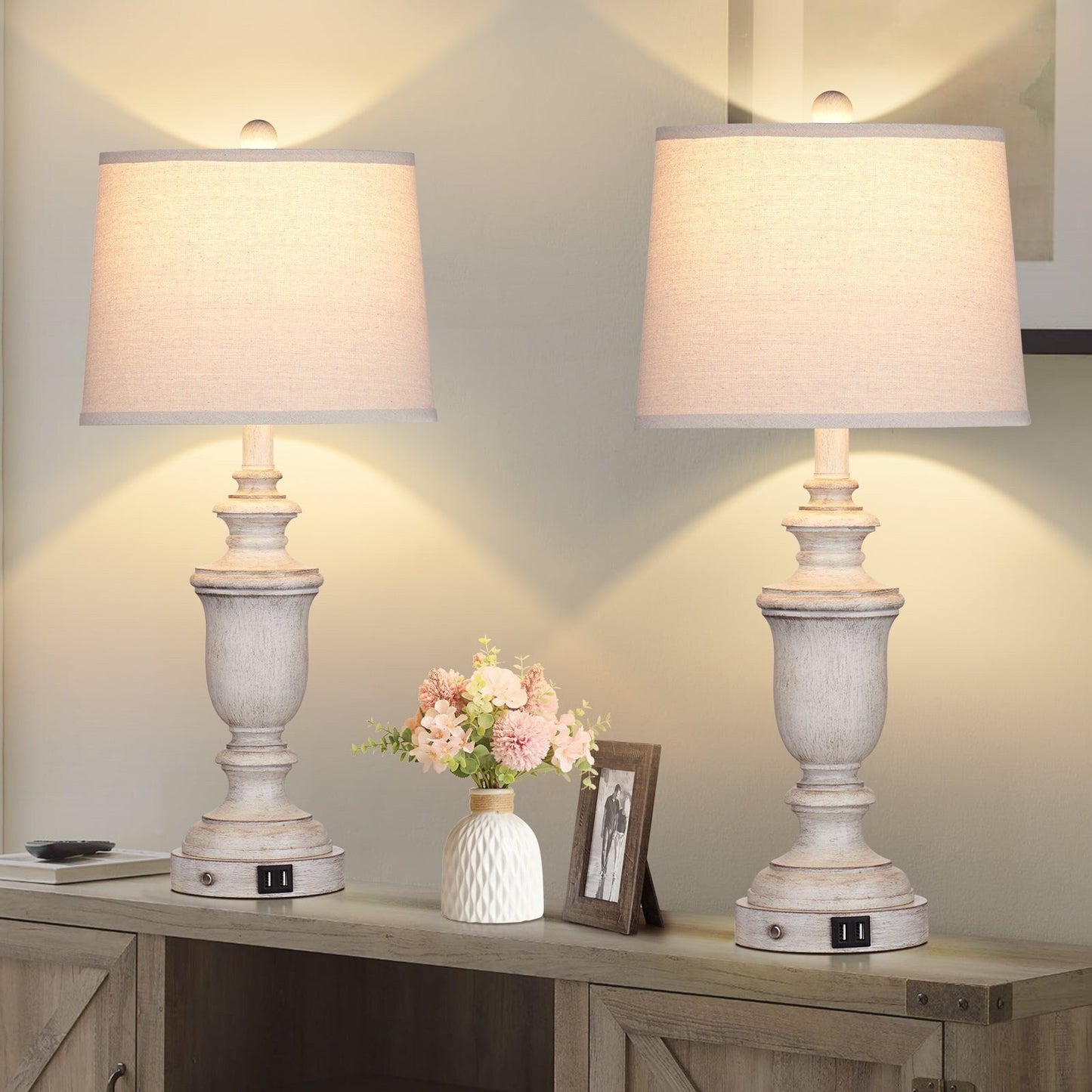 Lampade da tavolo in resina bianca, porte di ricarica USB, interruttore touch a 3 vie (set da 2) - 12,5'' x 12,5'' x 25,6'' (L x P x A)