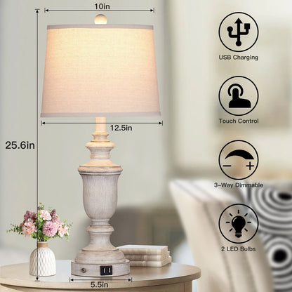 Lampade da tavolo in resina bianca, porte di ricarica USB, interruttore touch a 3 vie (set da 2) - 12,5'' x 12,5'' x 25,6'' (L x P x A)
