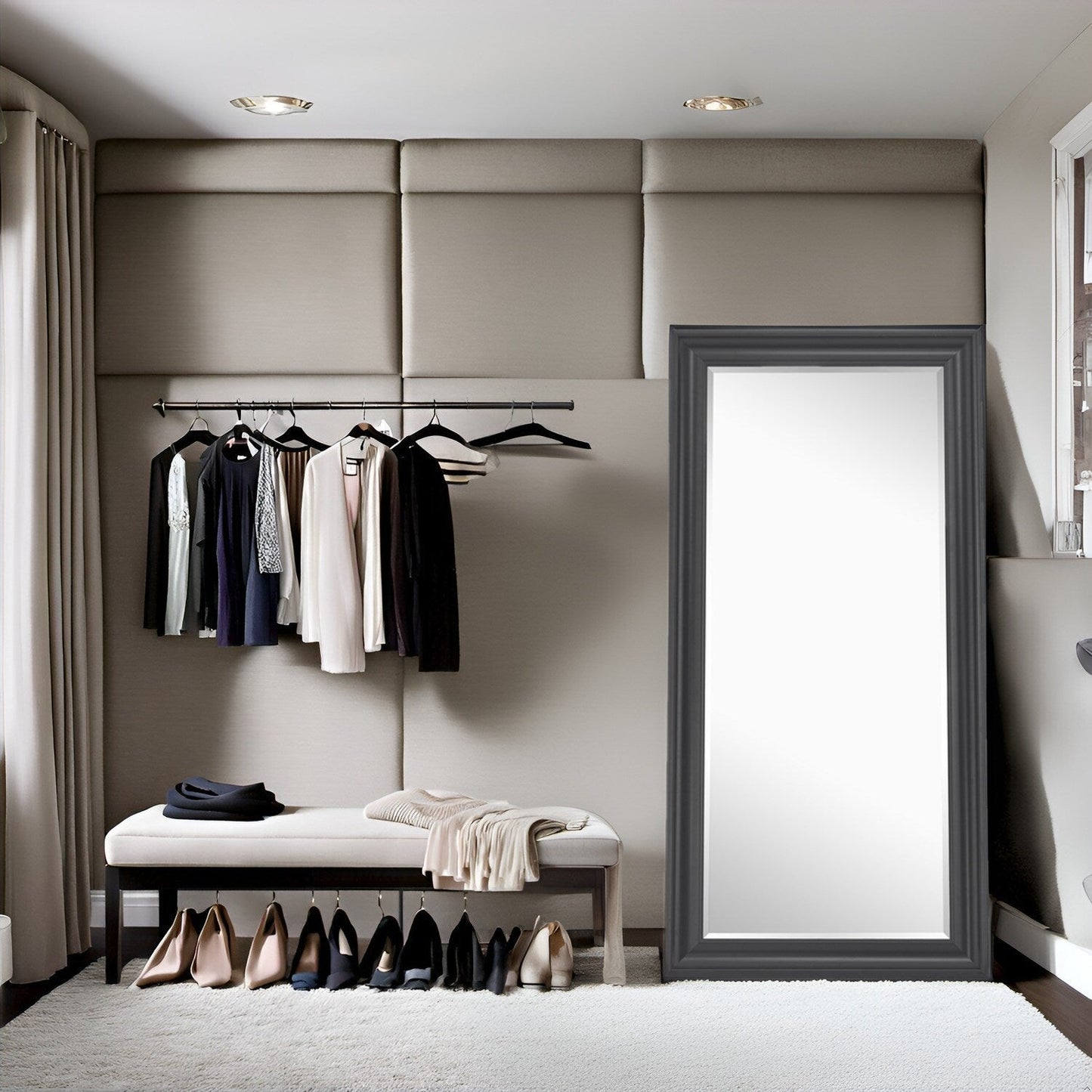 Specchio alto, specchio a figura intera, specchio di grandi dimensioni, cornice liscia in finto legno, specchio rettangolare da parete