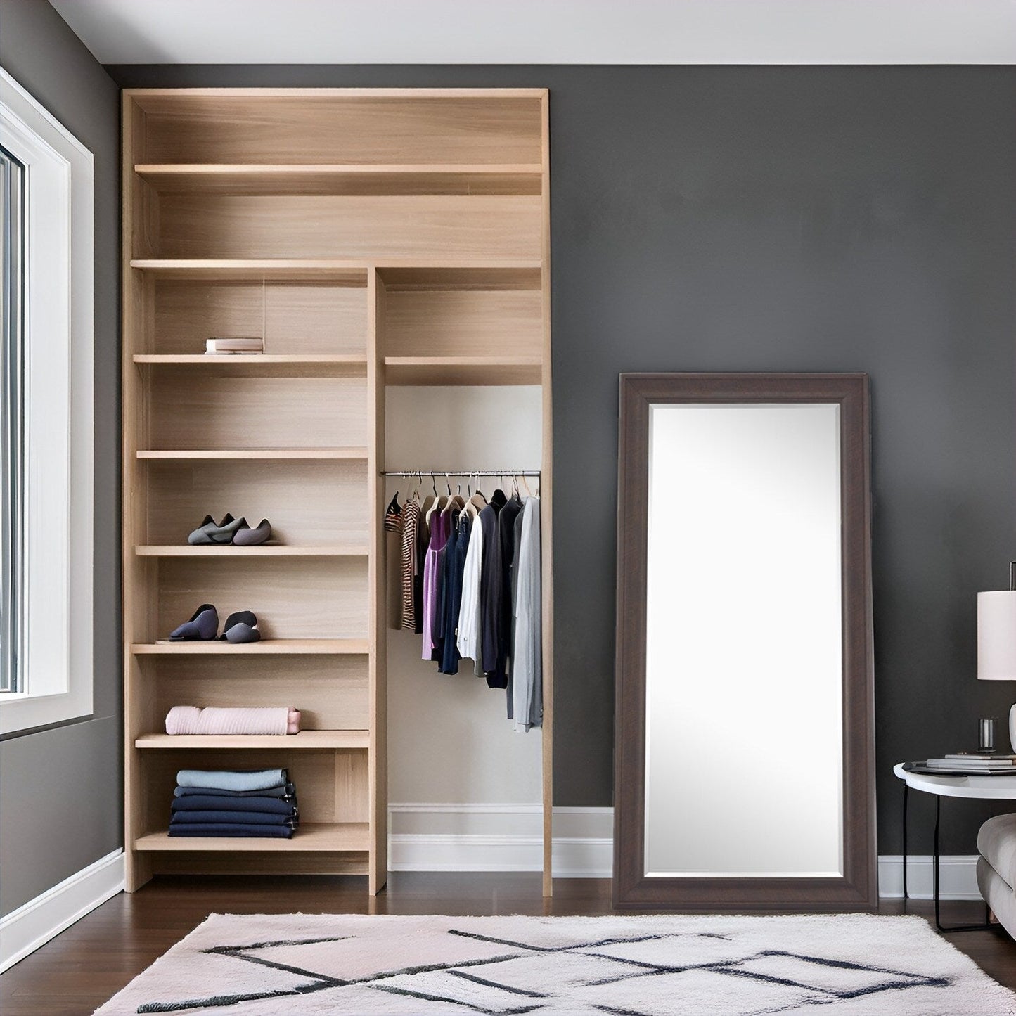 Specchio alto, specchio a figura intera, specchio di grandi dimensioni, cornice liscia in finto legno, specchio rettangolare da parete