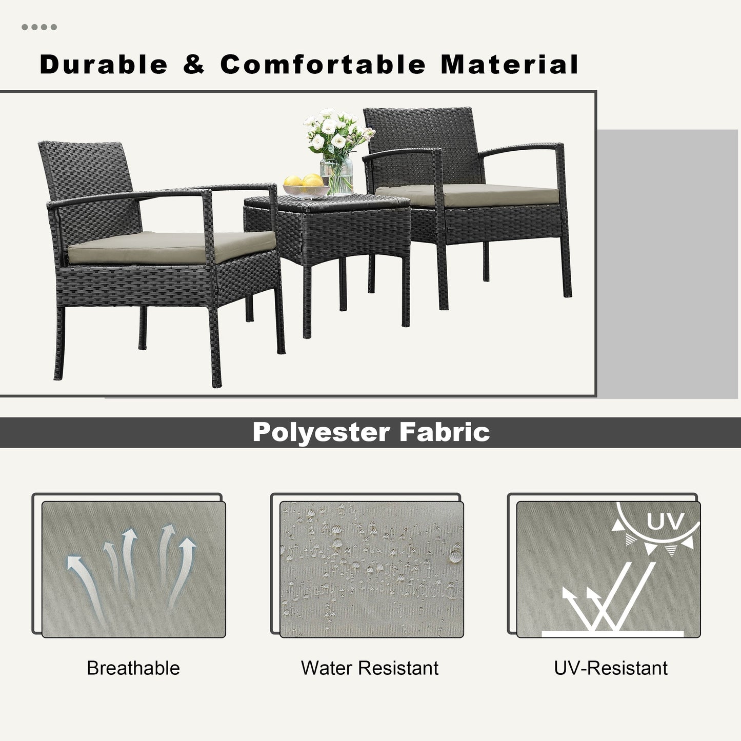 Set di mobili da esterno per patio, 3 pezzi, set di sedie da conversazione in rattan con tavolino laterale e cuscini