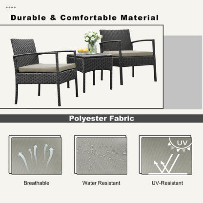 Set di mobili da esterno per patio, 3 pezzi, set di sedie da conversazione in rattan con tavolino laterale e cuscini