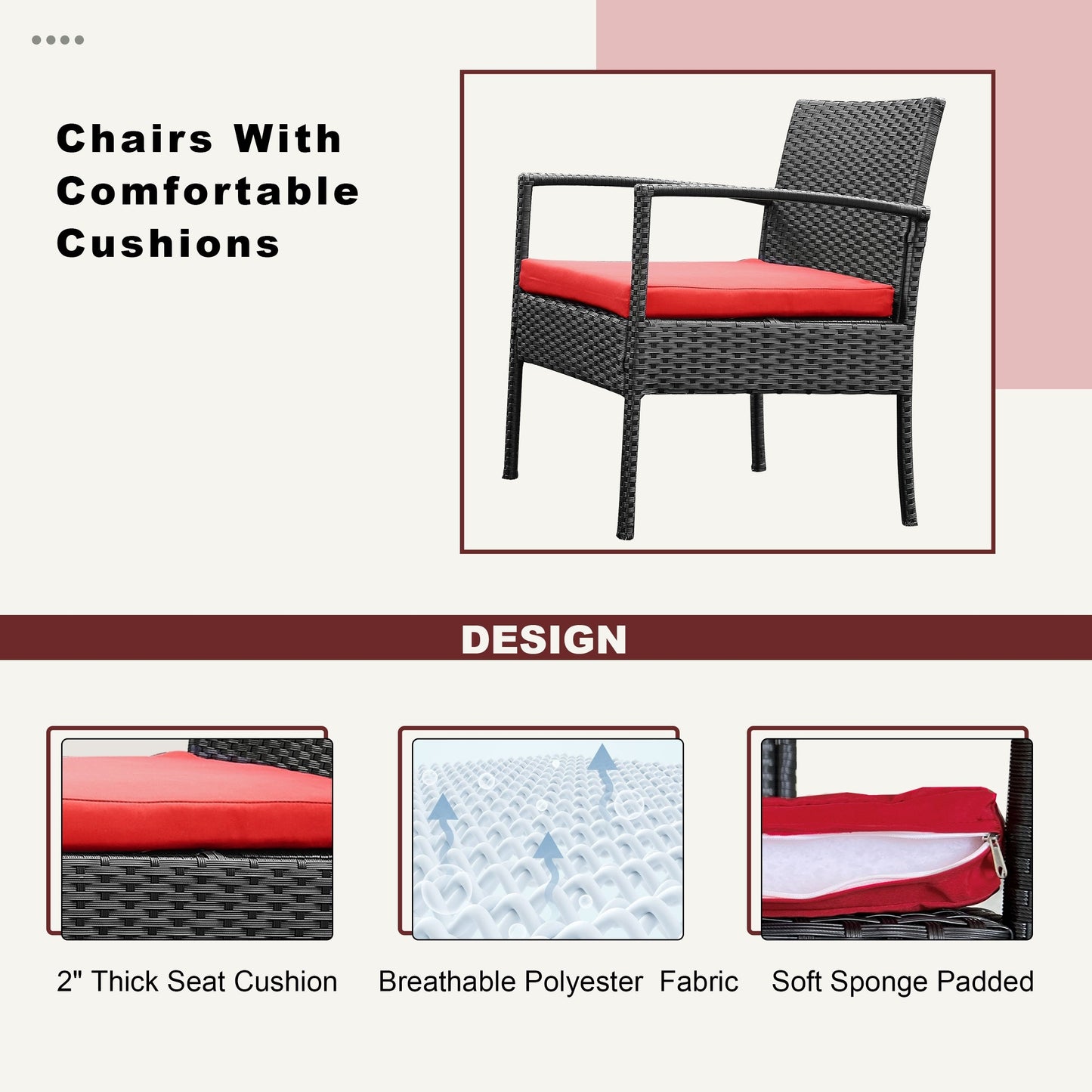 Set di mobili da esterno per patio, 3 pezzi, set di sedie da conversazione in rattan con tavolino laterale e cuscini