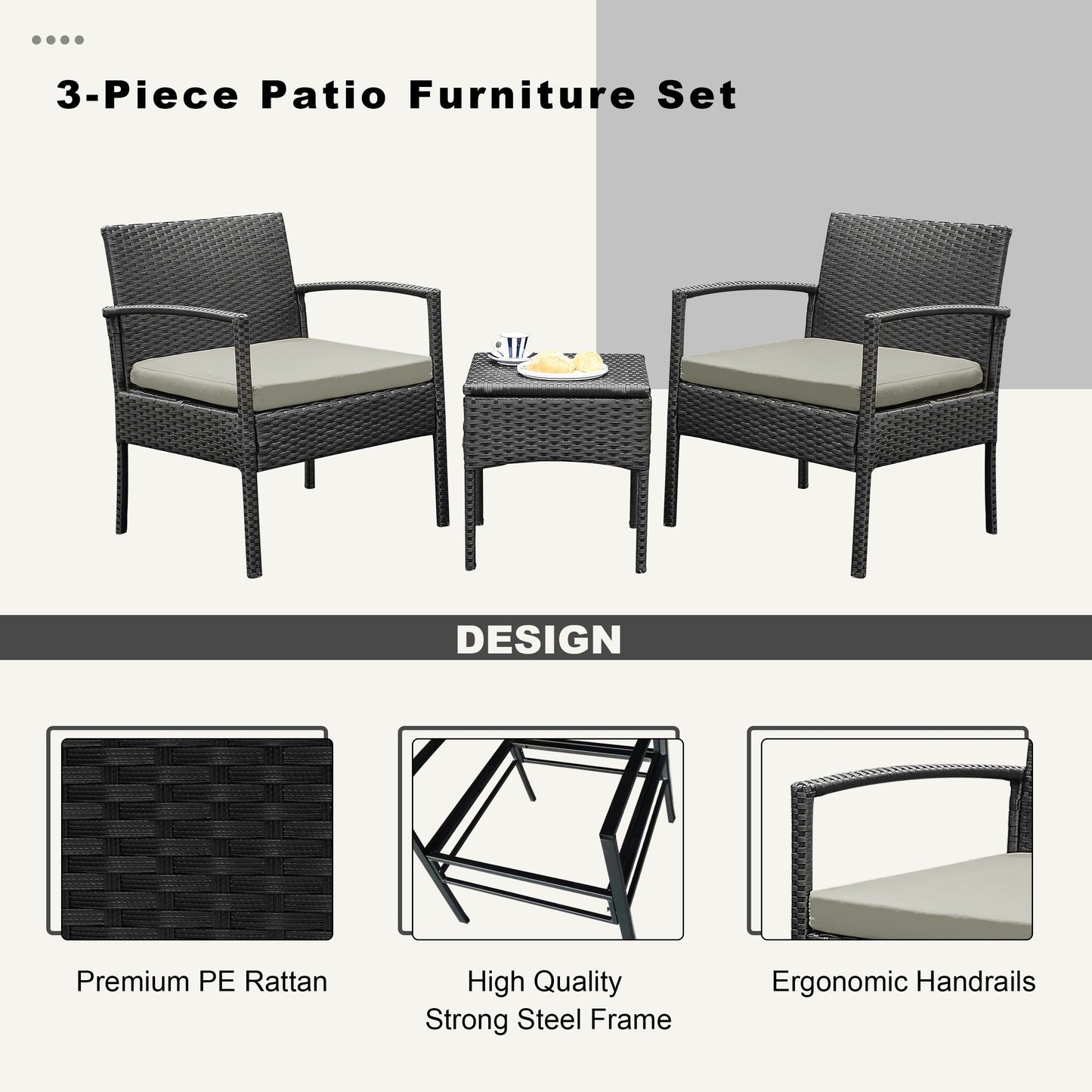 Set di mobili da esterno per patio, 3 pezzi, set di sedie da conversazione in rattan con tavolino laterale e cuscini