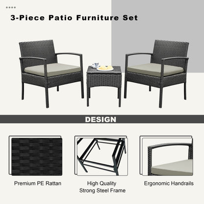 Set di mobili da esterno per patio, 3 pezzi, set di sedie da conversazione in rattan con tavolino laterale e cuscini