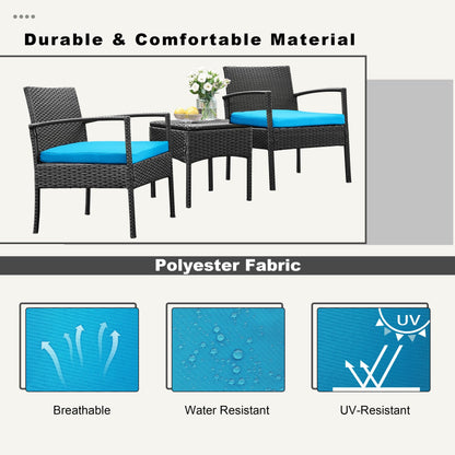 Set di mobili da esterno per patio, 3 pezzi, set di sedie da conversazione in rattan con tavolino laterale e cuscini