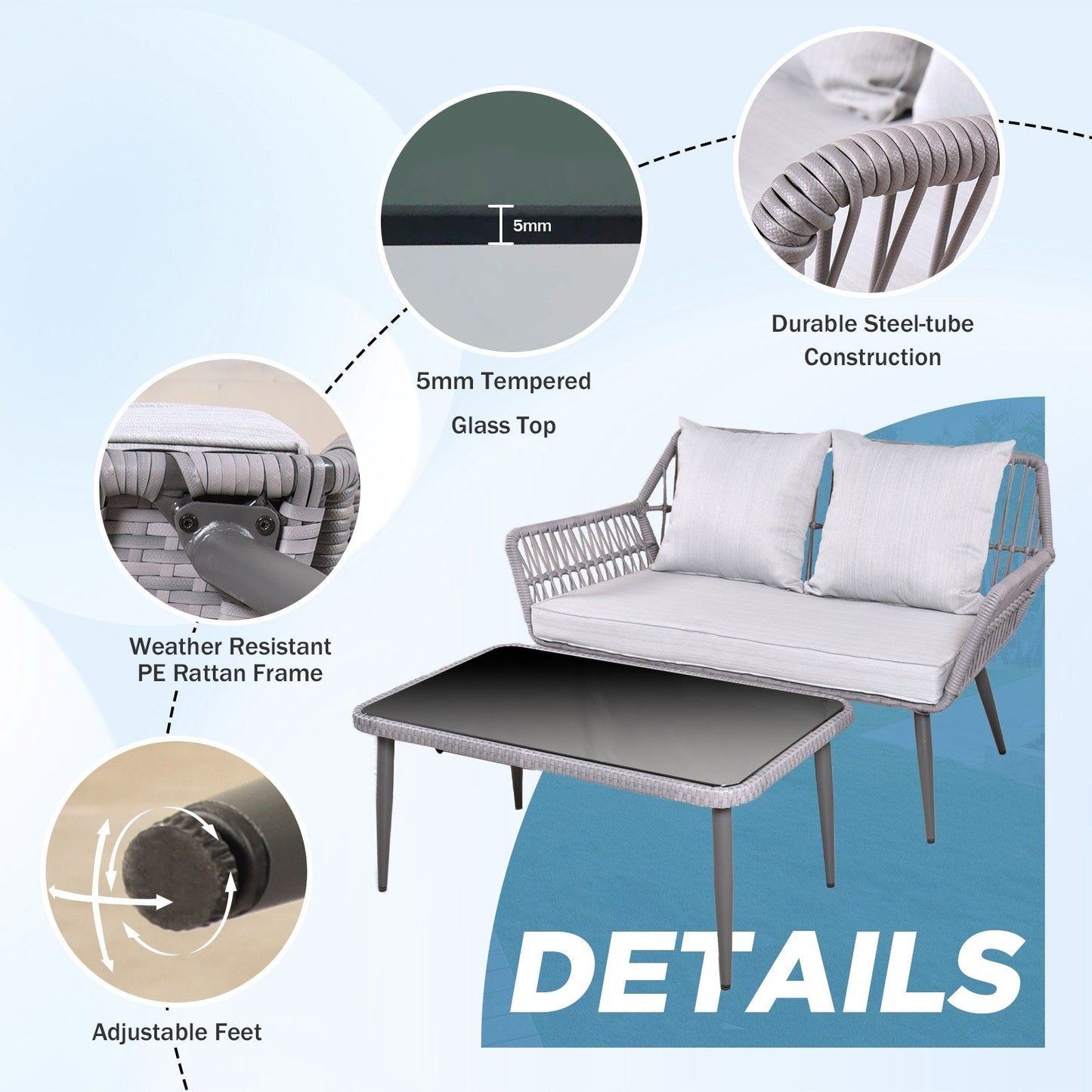 Set di mobili da giardino da 4 pezzi, set da conversazione in vimini per veranda, divano in rattan grigio con cuscino e tavolo