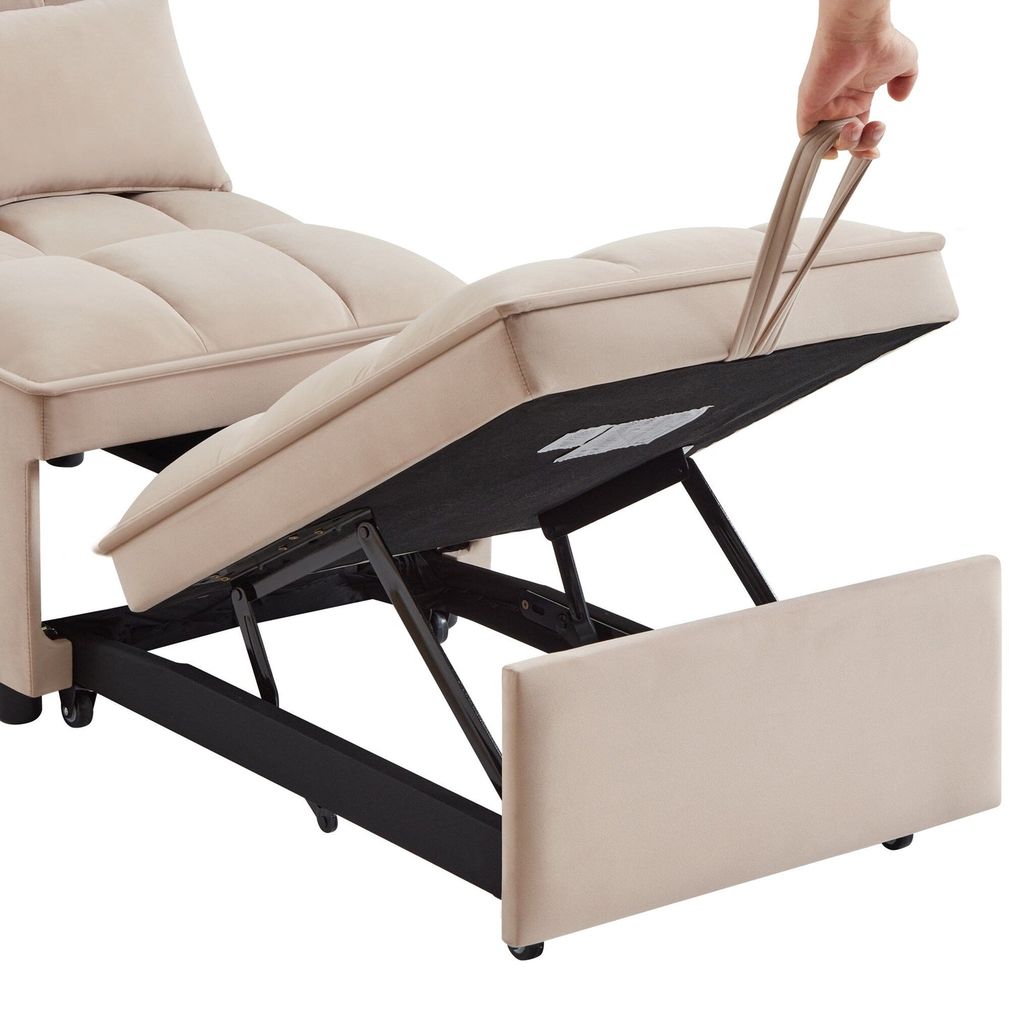 Divano letto singolo pieghevole in velluto color tortora 68,5 con schienale regolabile e cuscini per soggiorno