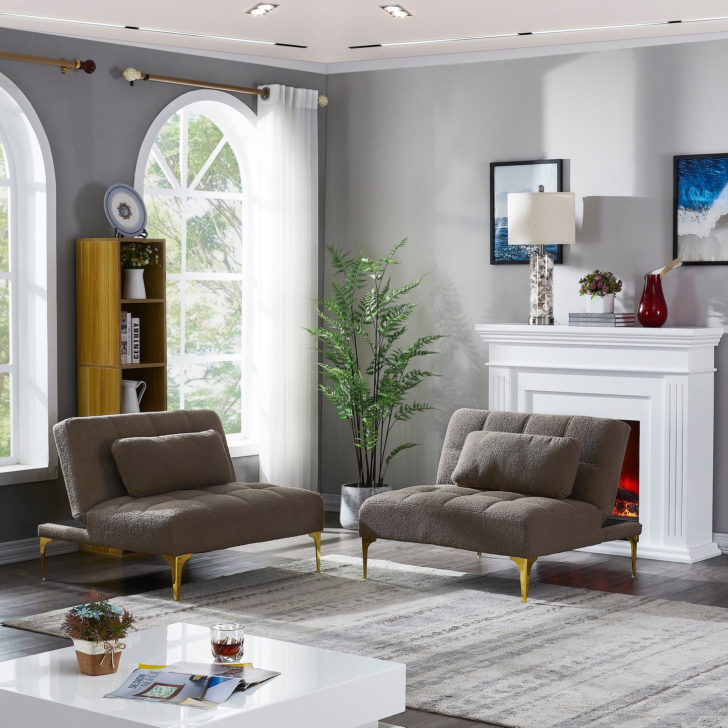 Divano letto modulare in ciniglia color tortora con struttura in legno