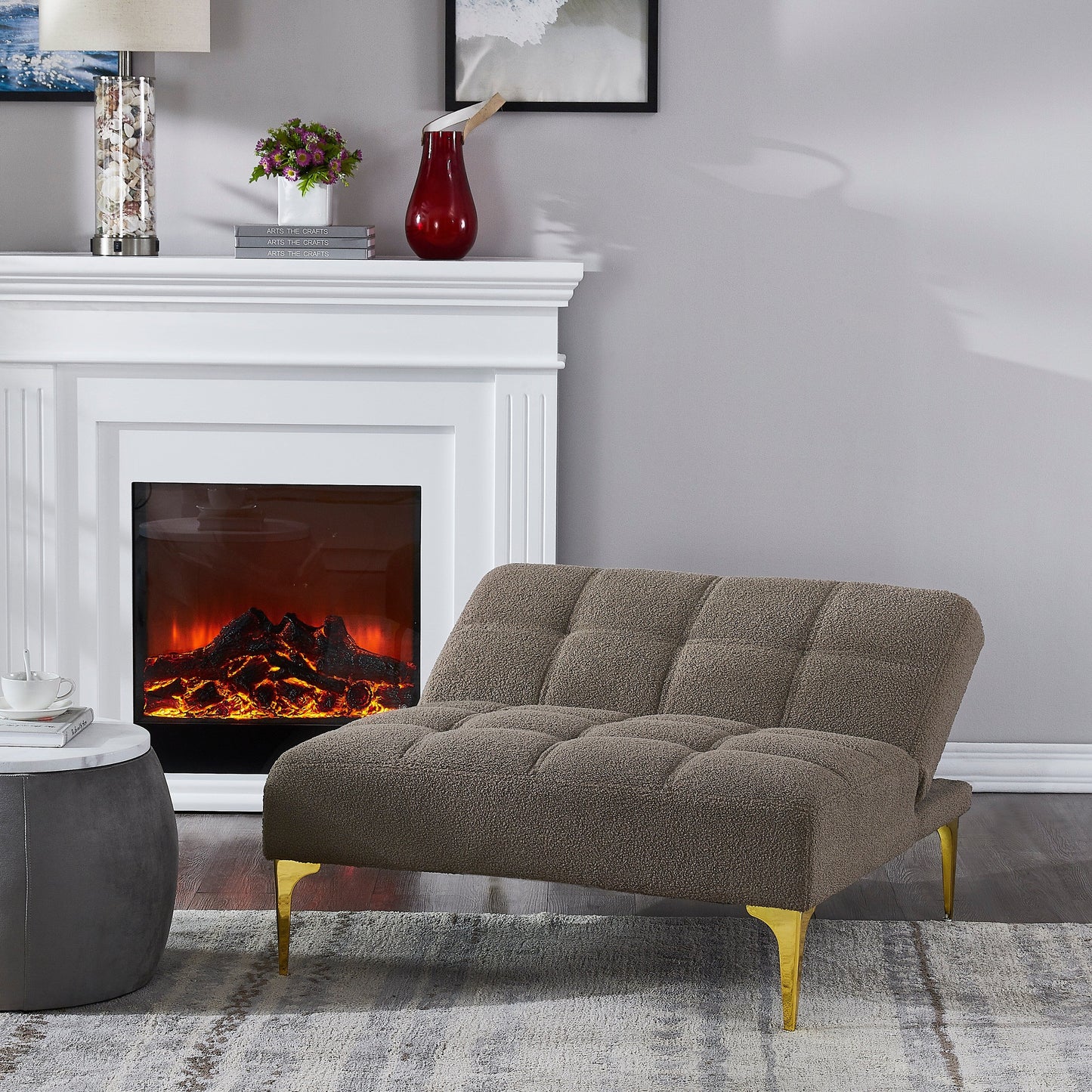 Divano letto singolo modulare in ciniglia color tortora con struttura in legno massello per soggiorno