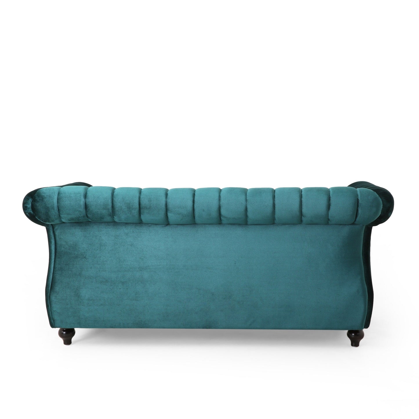 Divano a due posti Chesterfield color verde acqua con borchie e gambe in legno di betulla