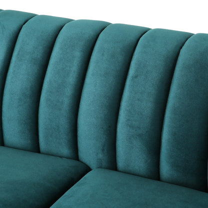 Divano a due posti Chesterfield color verde acqua con borchie e gambe in legno di betulla