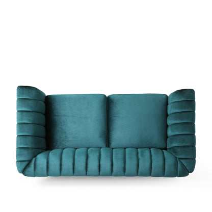 Divano a due posti Chesterfield color verde acqua con borchie e gambe in legno di betulla
