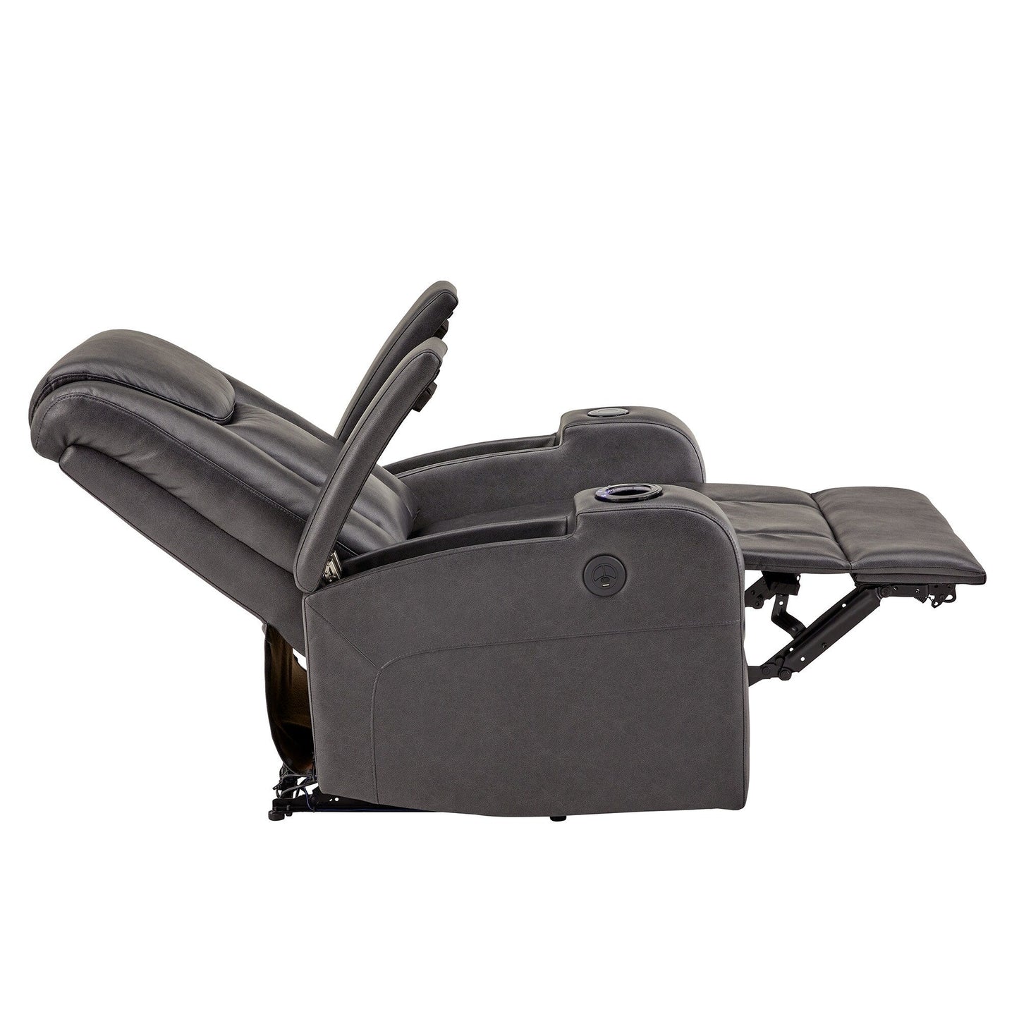 Poltrona reclinabile elettrica a LED in pelle vegana grigia Terlingua con altoparlante, spazio di archiviazione, USB e caricabatterie wireless di iNSPIRE Q Classic