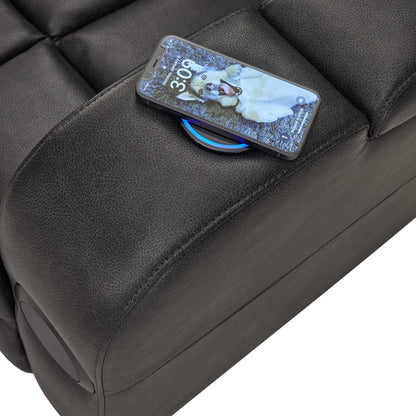 Poltrona reclinabile elettrica a LED in pelle vegana grigia Terlingua con altoparlante, spazio di archiviazione, USB e caricabatterie wireless di iNSPIRE Q Classic