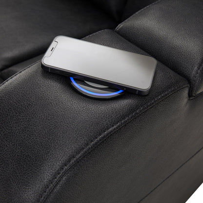 Poltrona reclinabile elettrica a LED in pelle vegana grigia Terlingua con altoparlante, spazio di archiviazione, USB e caricabatterie wireless di iNSPIRE Q Classic