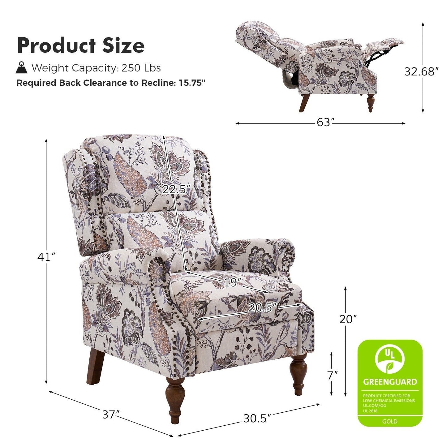 Poltrona reclinabile manuale Terri Classic Cutaway Arms con borchie per soggiorno, set da 2 di HULALA HOME