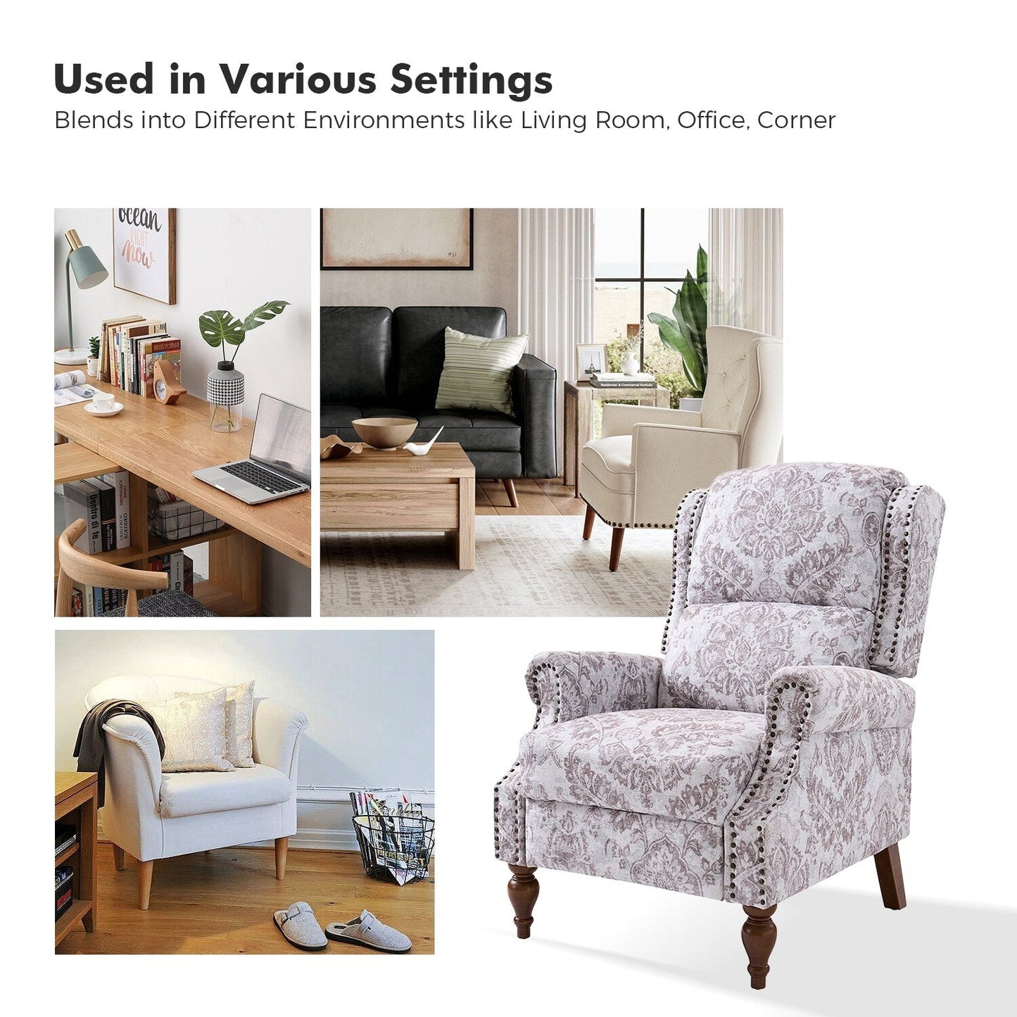 Poltrona reclinabile manuale Terri Classic Cutaway Arms con borchie per soggiorno di HULALA HOME