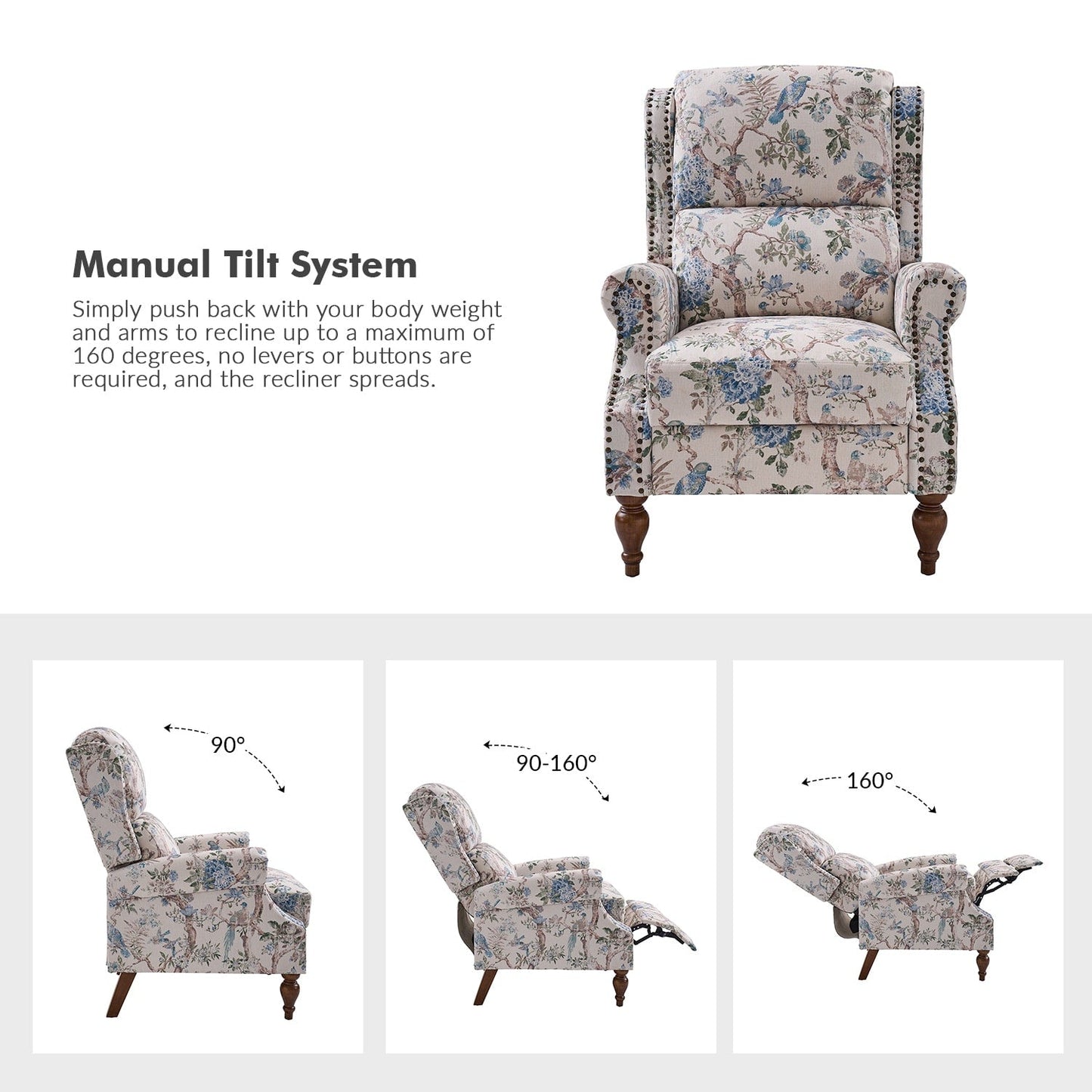 Poltrona reclinabile manuale Terri Classic Cutaway Arms con borchie per soggiorno di HULALA HOME