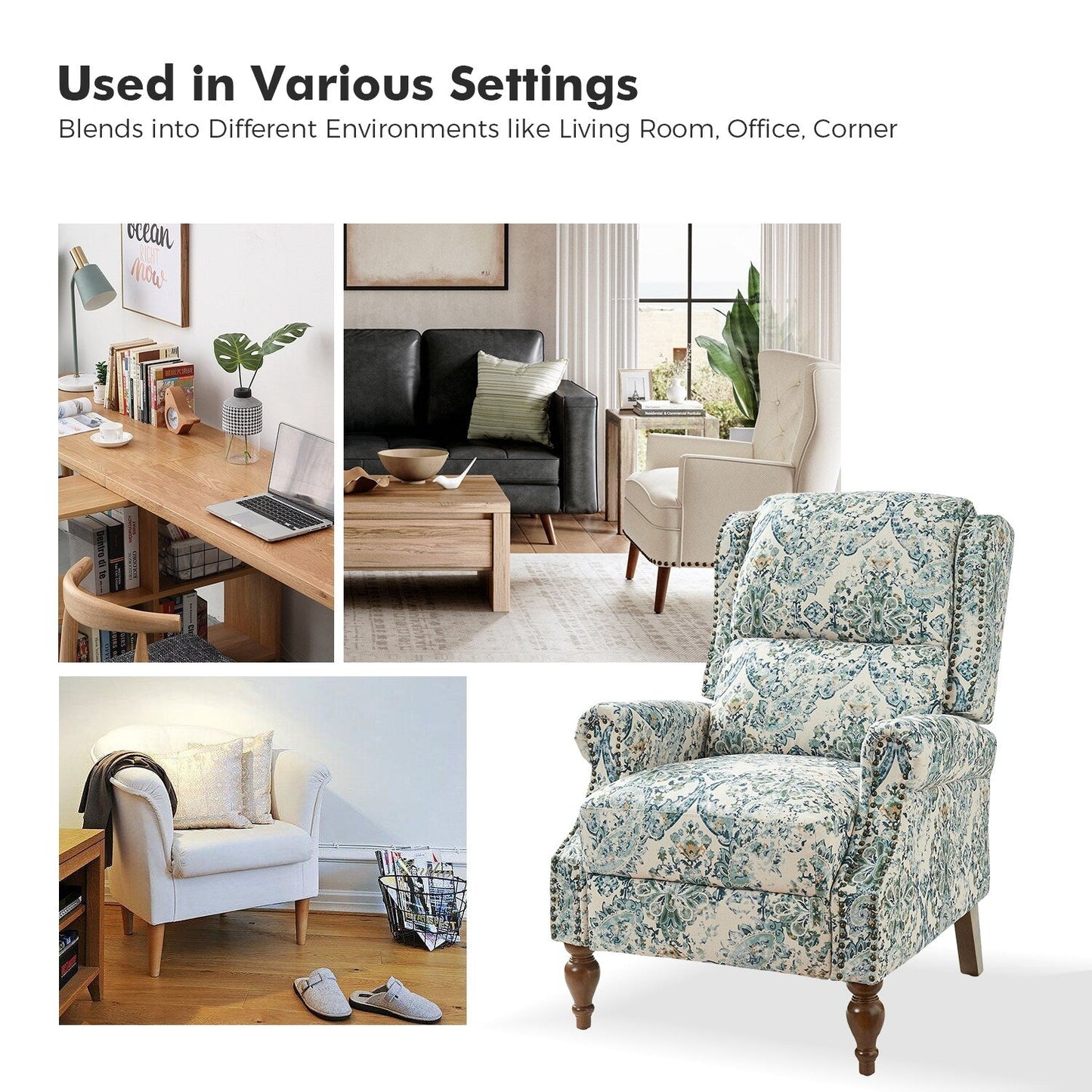 Poltrona reclinabile manuale Terri Classic Cutaway Arms con borchie per soggiorno di HULALA HOME