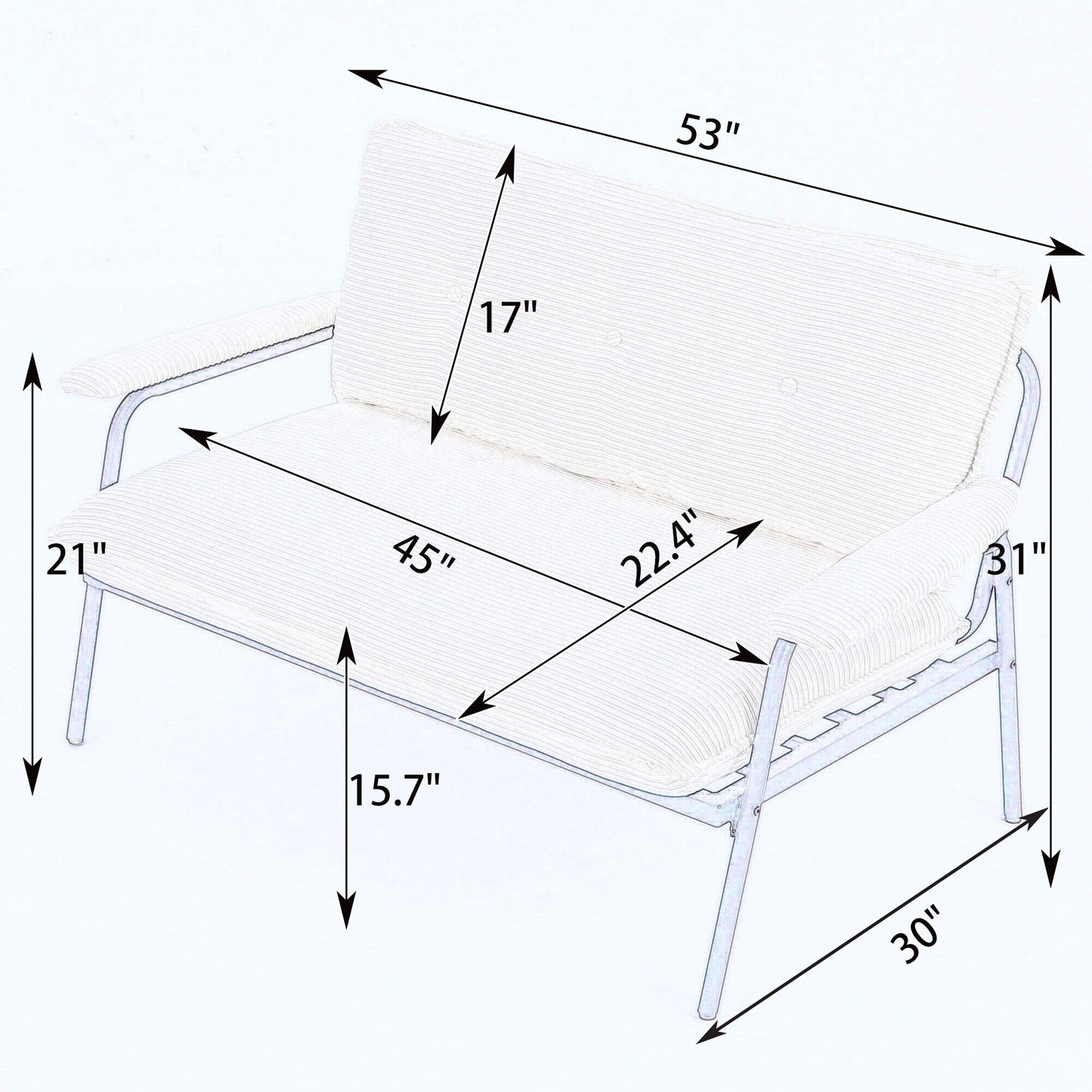 Il divano beige da 53 pollici offre una disposizione spaziosa nel piccolo appartamento, gestendo facilmente vari scenari